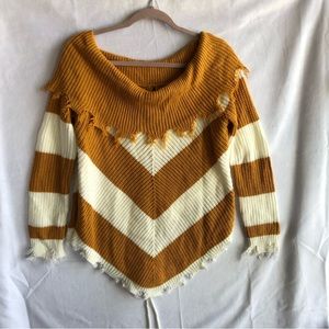 Distressed Orange and White Striped, Wide Neck, Lace-Up Sweater. Derek Heart.